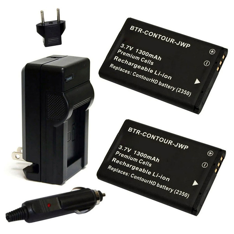 Replacement Battery Kit for Contour+ (2-Pack, 1300mAh) + Charger & Car Adapter
