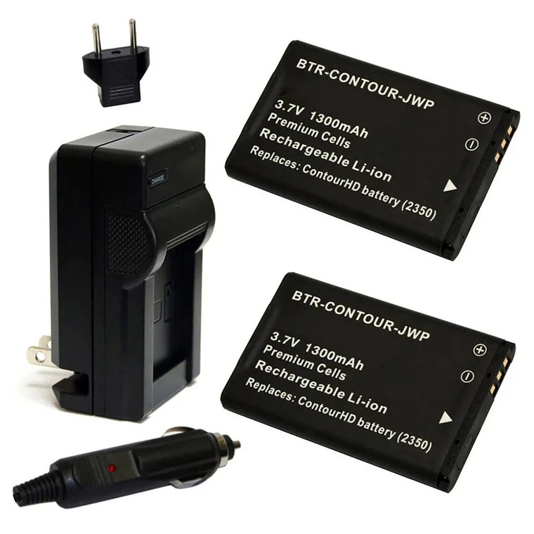 Replacement Battery Kit for ContourGPS (2-Pack, 1300mAh) + Charger with EU Plug & 12V Car Adapter