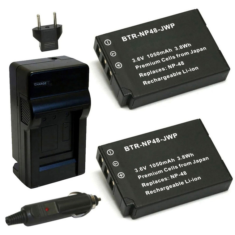 Replacement Battery Kit for Fujifilm NP-48 (2-Pack, 1050mAh) + Charger & Car Adapter