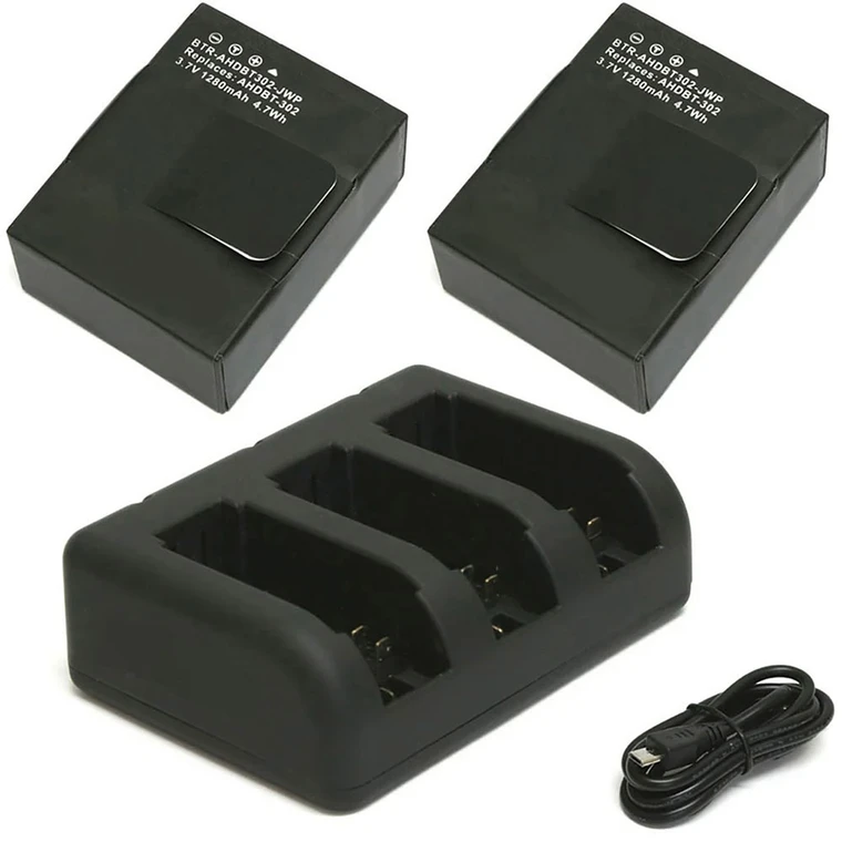 Replacement Battery Kit for GoPro AHDBT-30 (2-Pack, 1280mAh) + Triple USB Charger
