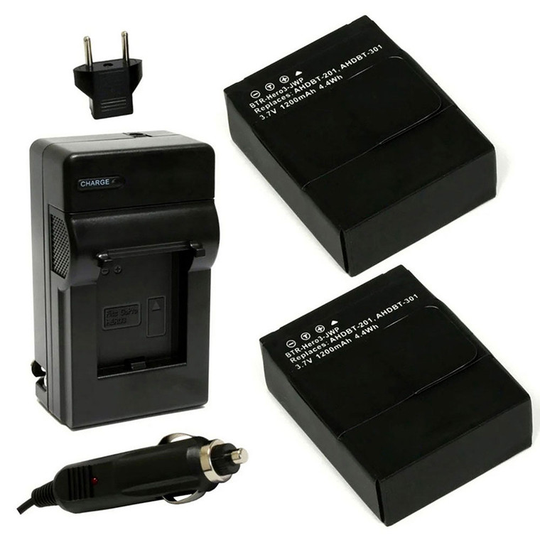 Replacement Battery Kit for GoPro AHDBT-302 (2-Pack, 1200mAh) + Charger with EU Plug & 12V Car Adapter
