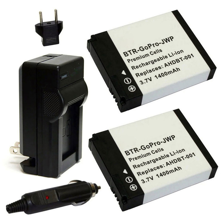Replacement Battery Kit for GoPro HERO (2-Pack, 1400mAh) + Charger with EU Plug & 12V Car Adapter