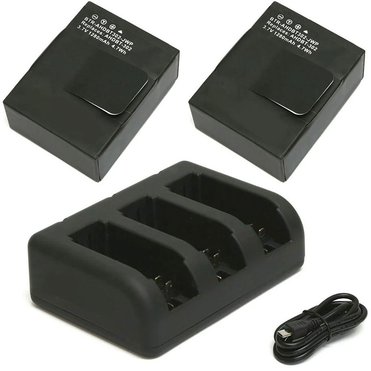 Replacement Battery Kit for GoPro HD HERO3 Black (2-Pack, 1280mAh) + Triple USB Charger