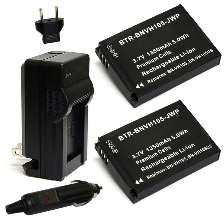 Replacement Battery Kit for JVC BN-VH105 (2-Pack, 1350mAh) + Charger & Car Adapter