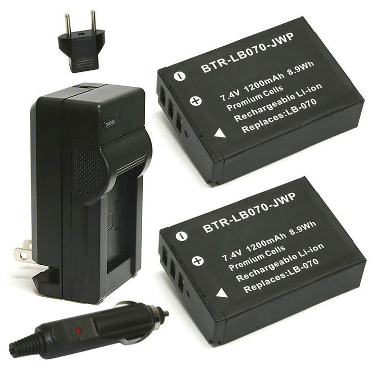 Replacement Battery Kit for Kodak LB-070 (2-Pack, 1200mAh) + Charger & Car Adapter