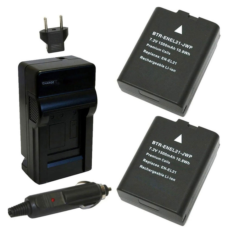 Replacement Battery Kit for Nikon EN-EL21 (2-Pack, 1500mAh) + Charger & Car Adapter