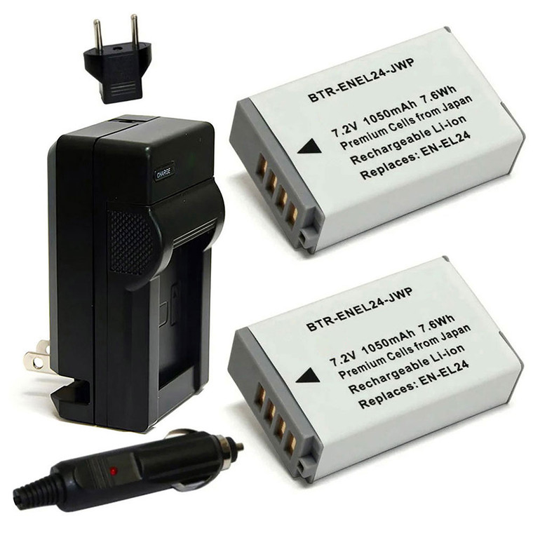 Replacement Battery Kit for Nikon EN-EL24 (2-Pack, 1050mAh) + Charger & Car Adapter