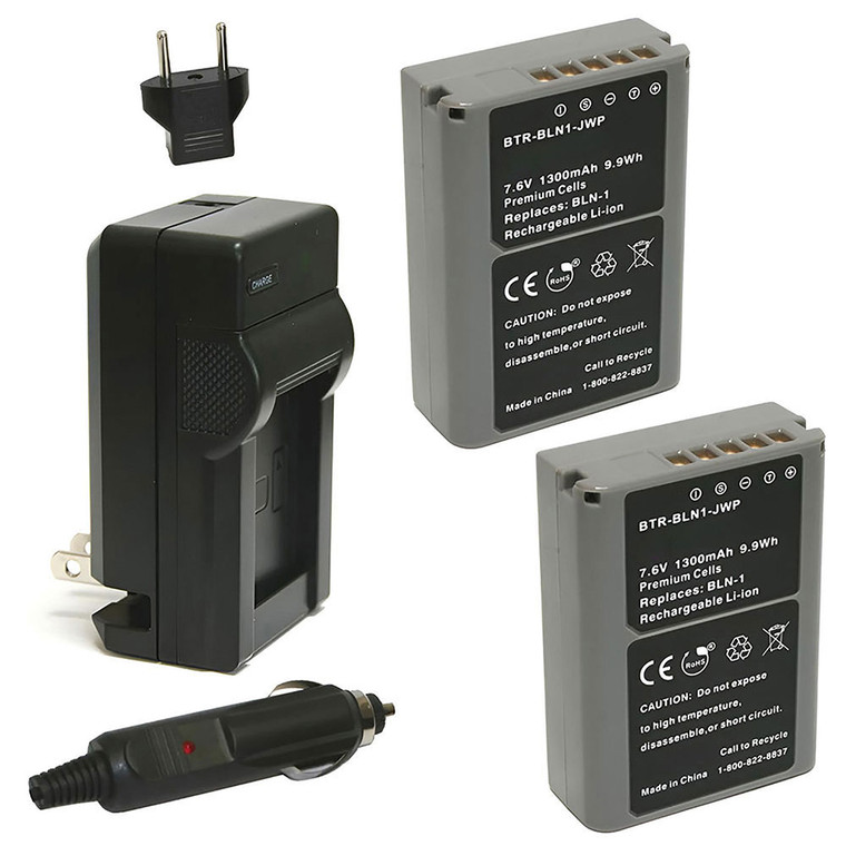 Replacement Battery Kit for Olympus PEN E-P5 (2-Pack, 1300mAh) + Charger & Car Adapter