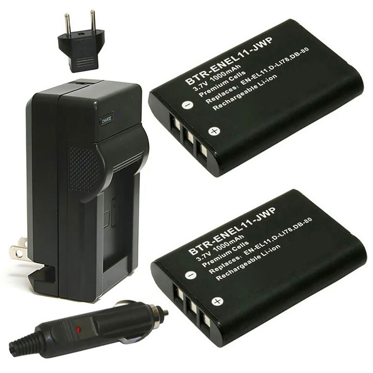 Replacement Battery Kit for Olympus LI-60B (2-Pack, 1000mAh) + Charger & Car Adapter