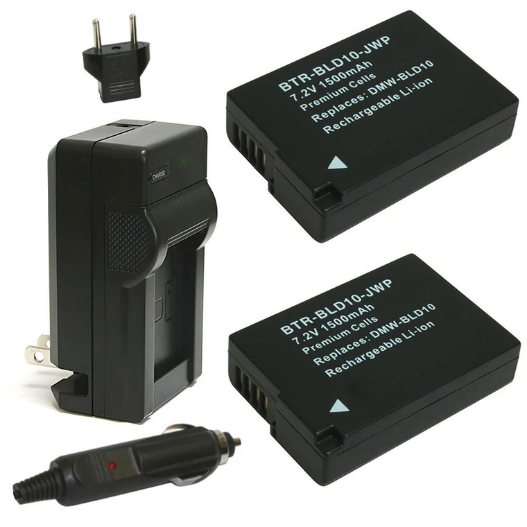 Replacement Battery Kit for Panasonic DMW-BLD10 (2-Pack, 1500mAh) + Charger & Car Adapter