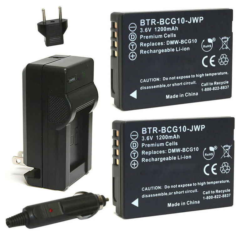 Replacement Battery Kit for Panasonic DMW-BCG10PP (2-Pack, 1200mAh) + Charger & Car Adapter