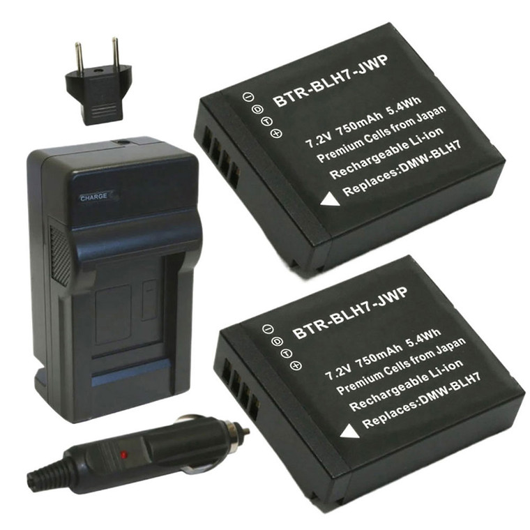 Replacement Battery Kit for Panasonic DMW-BLH7 (2-Pack, 750mAh) + Charger & Car Adapter