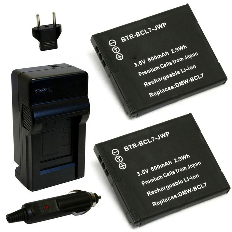 Replacement Battery Kit for Panasonic DMW-BCL7 (2-Pack, 800mAh) + Charger & Car Adapter