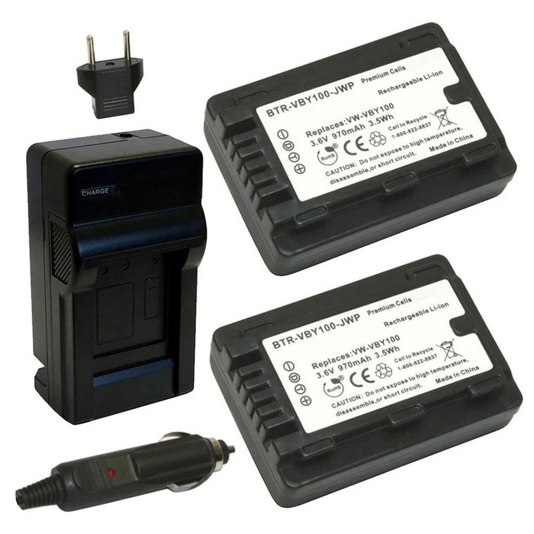 Replacement Battery Kit for Panasonic HC-V130 (2-Pack, 970mAh) + Charger with EU Plug & 12V Car Adapter