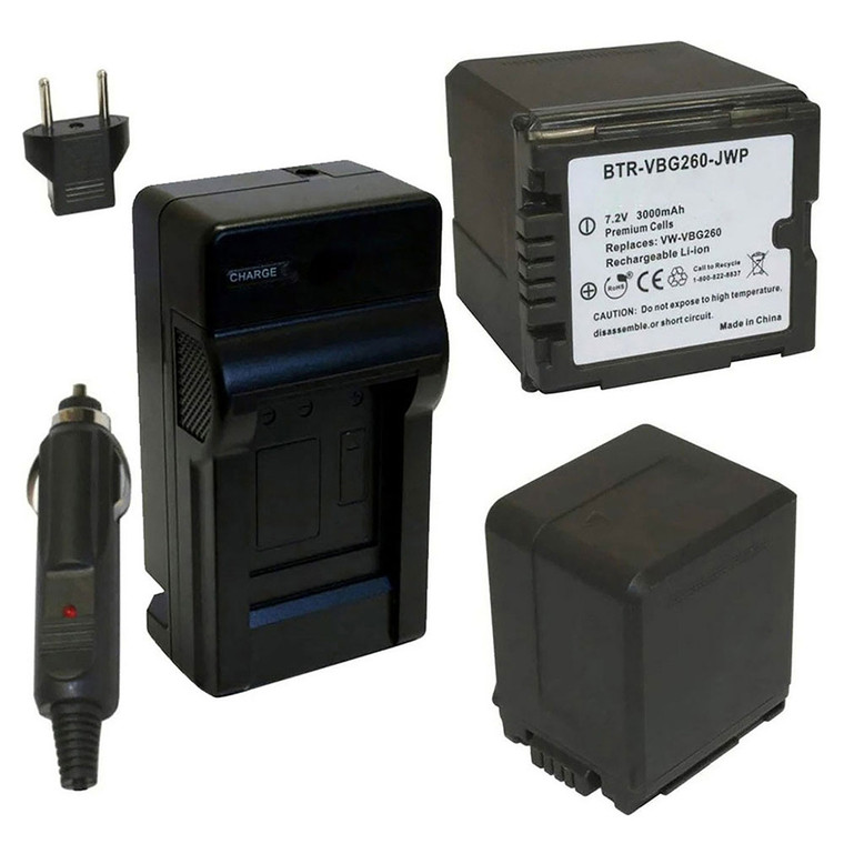 Replacement Battery Kit for Panasonic HDC-HS250 (2-Pack, 3000mAh) + Charger with EU Plug & 12V Car Adapter