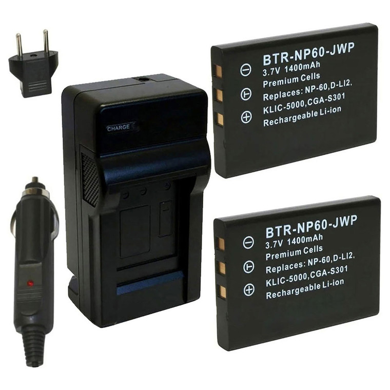 Replacement Battery Kit for Pentax D-L12 (2-Pack, 1400mAh) + Charger with EU Plug & 12V Car Adapter
