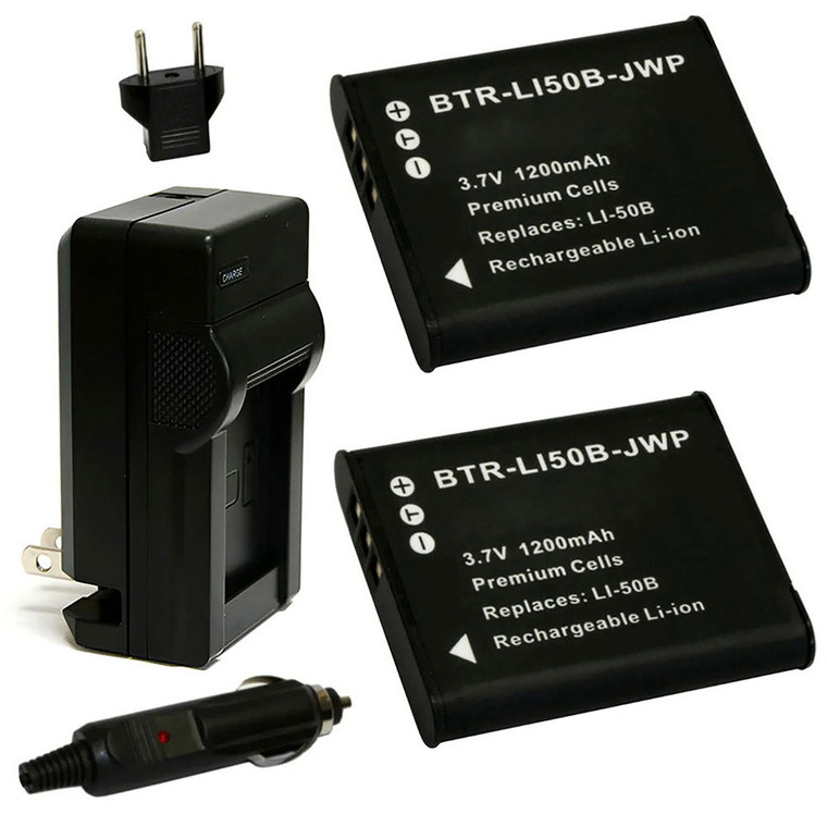 Replacement Battery Kit for Pentax D-LI92 (2-Pack, 1200mAh) + Charger & Car Adapter