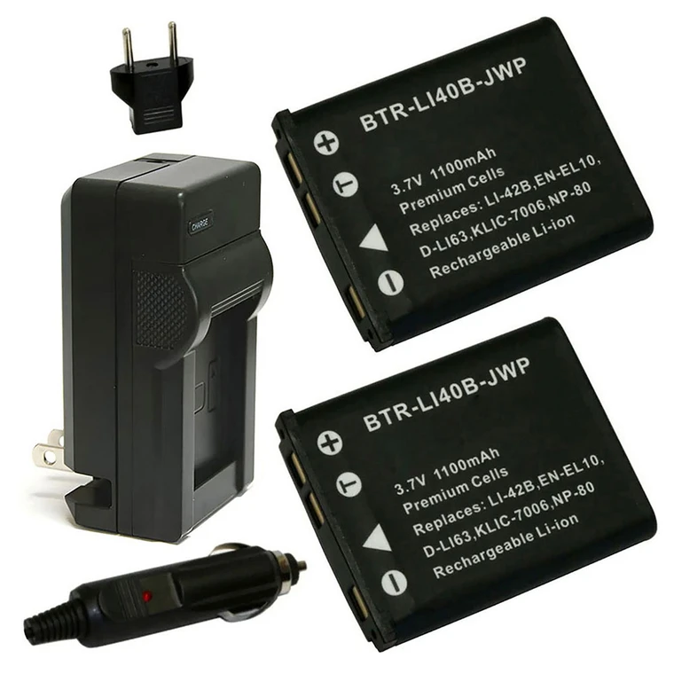 Replacement Battery Kit for Pentax Optio T30 (2-Pack, 1100mAh) + Charger & Car Adapter