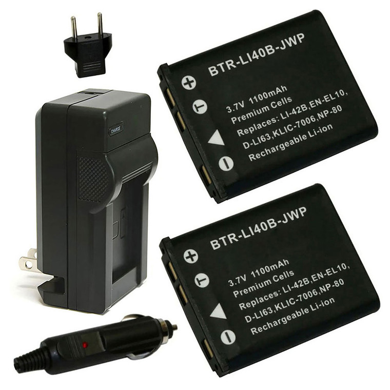Replacement Battery Kit for Pentax Optio L40 (2-Pack, 1100mAh) + Charger with EU Plug & 12V Car Adapter