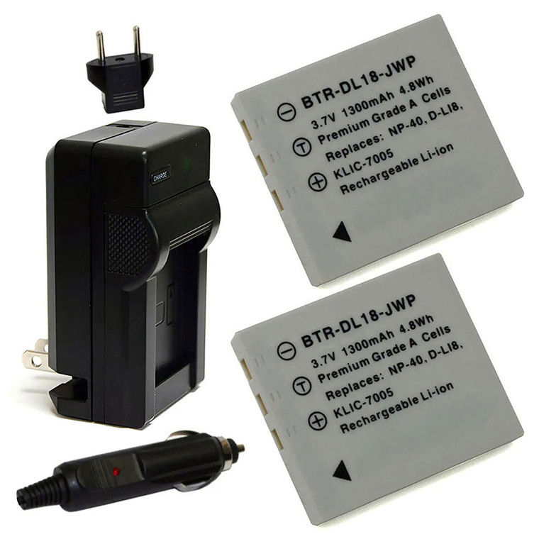 Replacement Battery Kit for Pentax Optio S7 (2-Pack, 1300mAh) + Charger with EU Plug & 12V Car Adapter