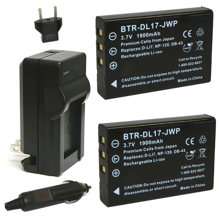 Replacement Battery Kit for Pentax PA3791U-1CAM-01 (2-Pack, 1900mAh) + Charger & Car Adapter