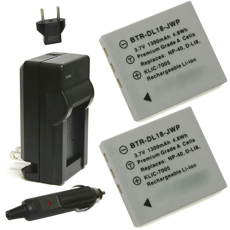 Replacement Battery Kit for Pentax S (2-Pack, 1300mAh) + Charger with EU Plug & 12V Car Adapter