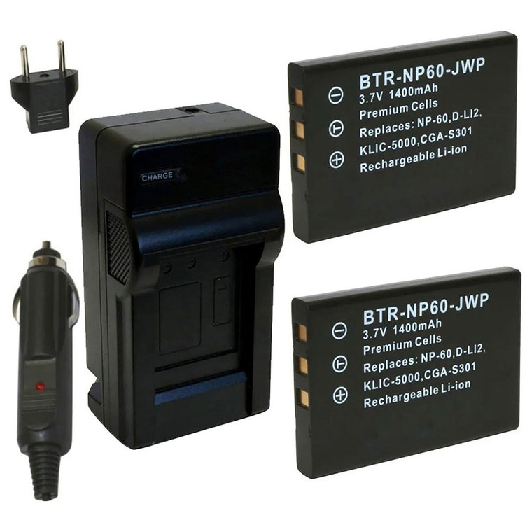 Replacement Battery Kit for Ricoh DB-40 (2-Pack, 1400mAh) + Charger & Car Adapter