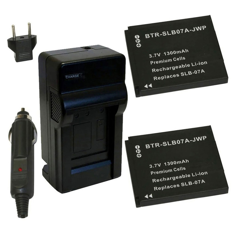 Replacement Battery Kit for Samsung SLB-07 (2-Pack, 1300mAh) + Charger & Car Adapter
