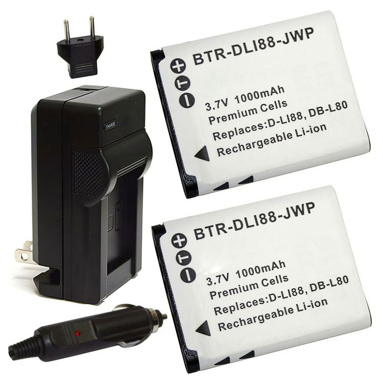 Replacement Battery Kit for Sanyo DB-L80 (2-Pack, 1000mAh) + Charger & Car Adapter