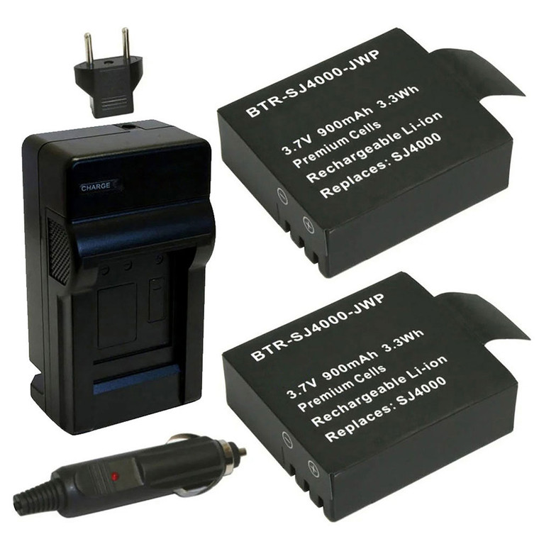 Replacement Battery Kit for SJCAM AFUNTA (2-Pack, 900mAh) + Charger with EU Plug & 12V Car Adapter
