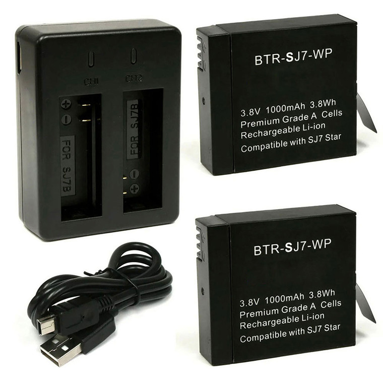 Replacement Battery Kit for SJCAM SJ7 (2-Pack, 1000mAh) + Dual USB Charger