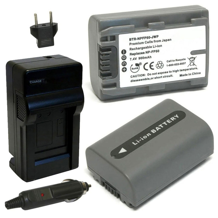 Replacement Battery Kit for Sony DCR-DVD404 (2-Pack, 900mAh) + Charger & Car Adapter