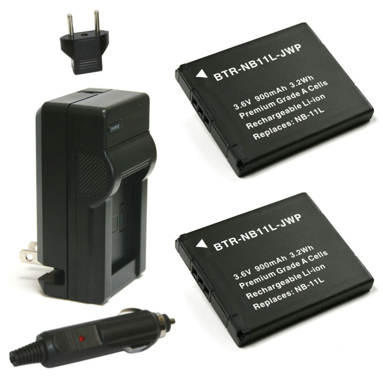 Replacement Battery Kit for Canon A2600 (2-Pack, 900mAh) + Charger & Car Adapter