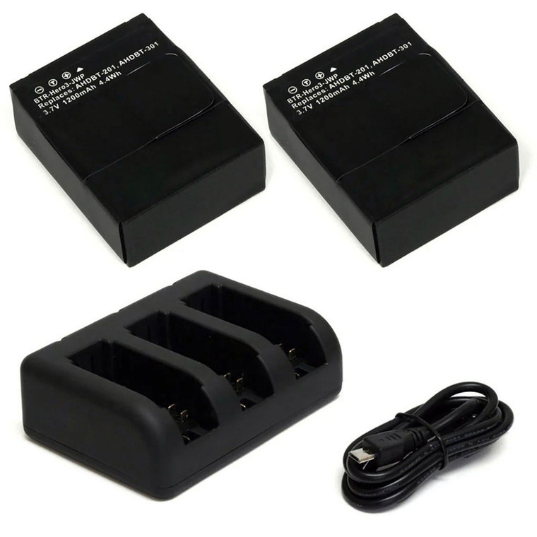 Replacement Battery Kit for GoPro AHDBT-302 (2-Pack, 1200mAh) + Dual USB Charger