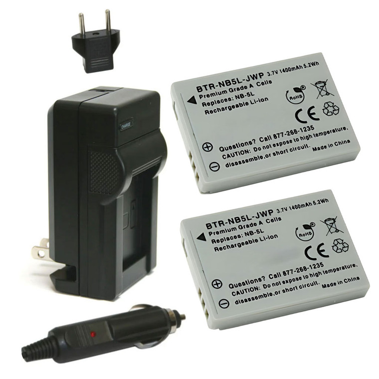 Replacement Battery Kit for Canon PowerShot SD880 IS (2-Pack, 1400mAh) + Charger & Car Adapter