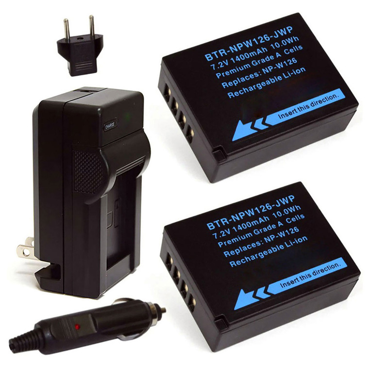 Replacement Battery Kit for Fujifilm NP-W126 (2-Pack, 1400mAh) + Charger & Car Adapter