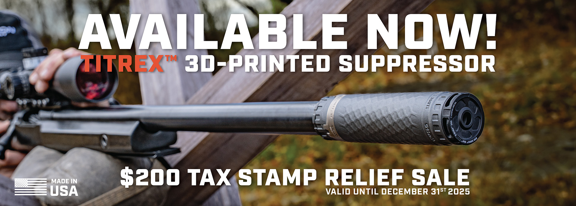 Precision Armament AVAILBLE NOW TiTrex 3D Printed Suppressor. 200 dollar tax stamp relief sale until 12/31/25. Made in USA.