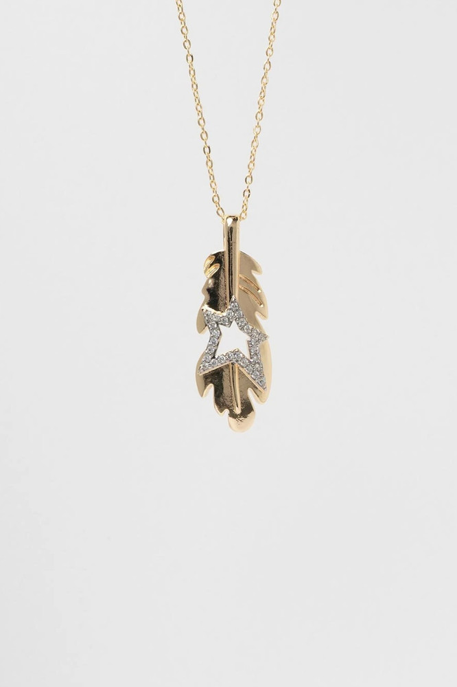 18k gold-plated feather pendant necklace with crystal star detail, isolated on a white background.