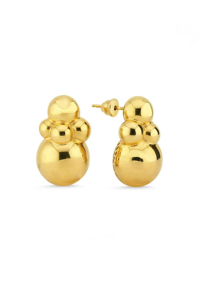 Close-up of polished sculptural bubble cluster stud earrings featuring a modern, organic design with multiple glossy metallic spheres joined together.