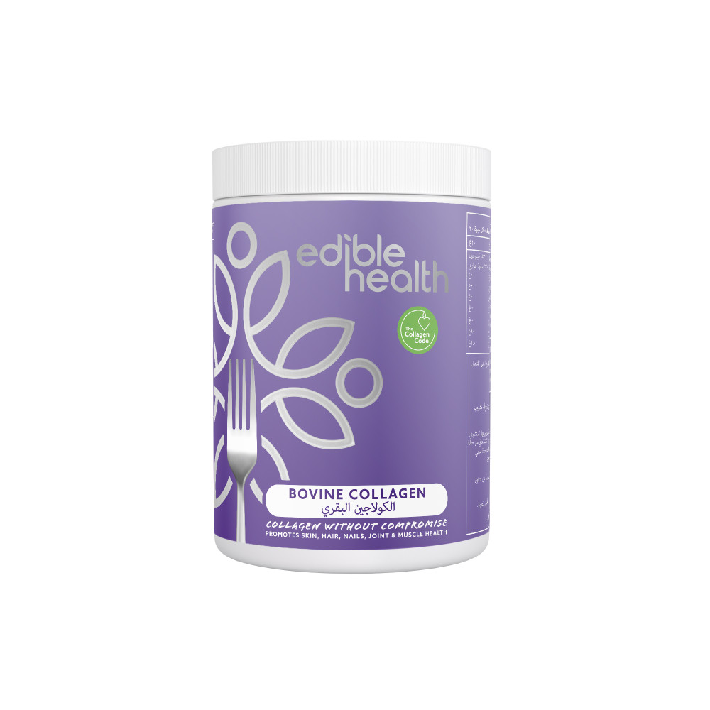 400g tub of Edible Health Premium Hydrolysed Bovine Collagen Powder. The packaging highlights Type 1 & 3 peptides, Halal, Keto, and Paleo certifications, alongside benefits for hair, skin, nails, and joints.