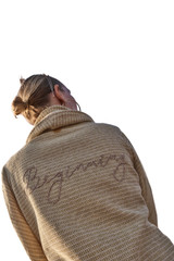 Kashesh Falak Coat in ivory and gold: A women's mid-length handwoven jacket made from recycled fabrics, featuring dramatic wide sleeves and a peek of bright red silk lining