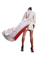 Kashesh Haadiya Coat in Ivory: Women's handwoven long jacket made from recycled fabrics, featuring 'Excellence' sequin trim and a red silk lining