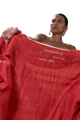 Kashesh Haadiya Coat in Ivory: Women's handwoven long jacket made from recycled fabrics, featuring 'Excellence' sequin trim and a red silk lining