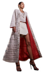 Kashesh Haadiya Coat in Ivory: Women's handwoven long jacket made from recycled fabrics, featuring 'Excellence' sequin trim and a red silk lining