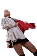 Kashesh Maham Coat in Ivory: A cream and gold handwoven mid-length women's jacket featuring dramatic shoulders and gold sequin embroidery reading 'Impossible' and 'Dream,' revealed against a luxurious red silk lining