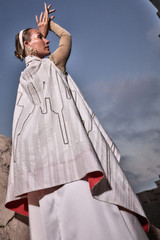 Kashesh Mahira Coat Ivory - Cream handwoven women's vest jacket featuring a glittering sequin Dubai skyline design and recycled fabric texture