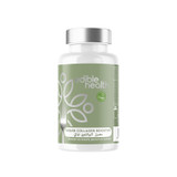 White bottle of Vegan Collagen Booster capsules containing Vollagen amino acids and Mesoporosil Silica. Label highlights Vitamin C and E content for skin, hair, and joint support. Vegan Society approved logo visible.