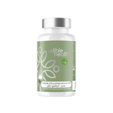 White bottle of Vegan Collagen Booster capsules containing Vollagen amino acids and Mesoporosil Silica. Label highlights Vitamin C and E content for skin, hair, and joint support. Vegan Society approved logo visible.
