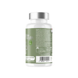 White bottle of Vegan Collagen Booster capsules containing Vollagen amino acids and Mesoporosil Silica. Label highlights Vitamin C and E content for skin, hair, and joint support. Vegan Society approved logo visible.
