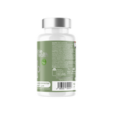 White bottle of Vegan Collagen Booster capsules containing Vollagen amino acids and Mesoporosil Silica. Label highlights Vitamin C and E content for skin, hair, and joint support. Vegan Society approved logo visible.